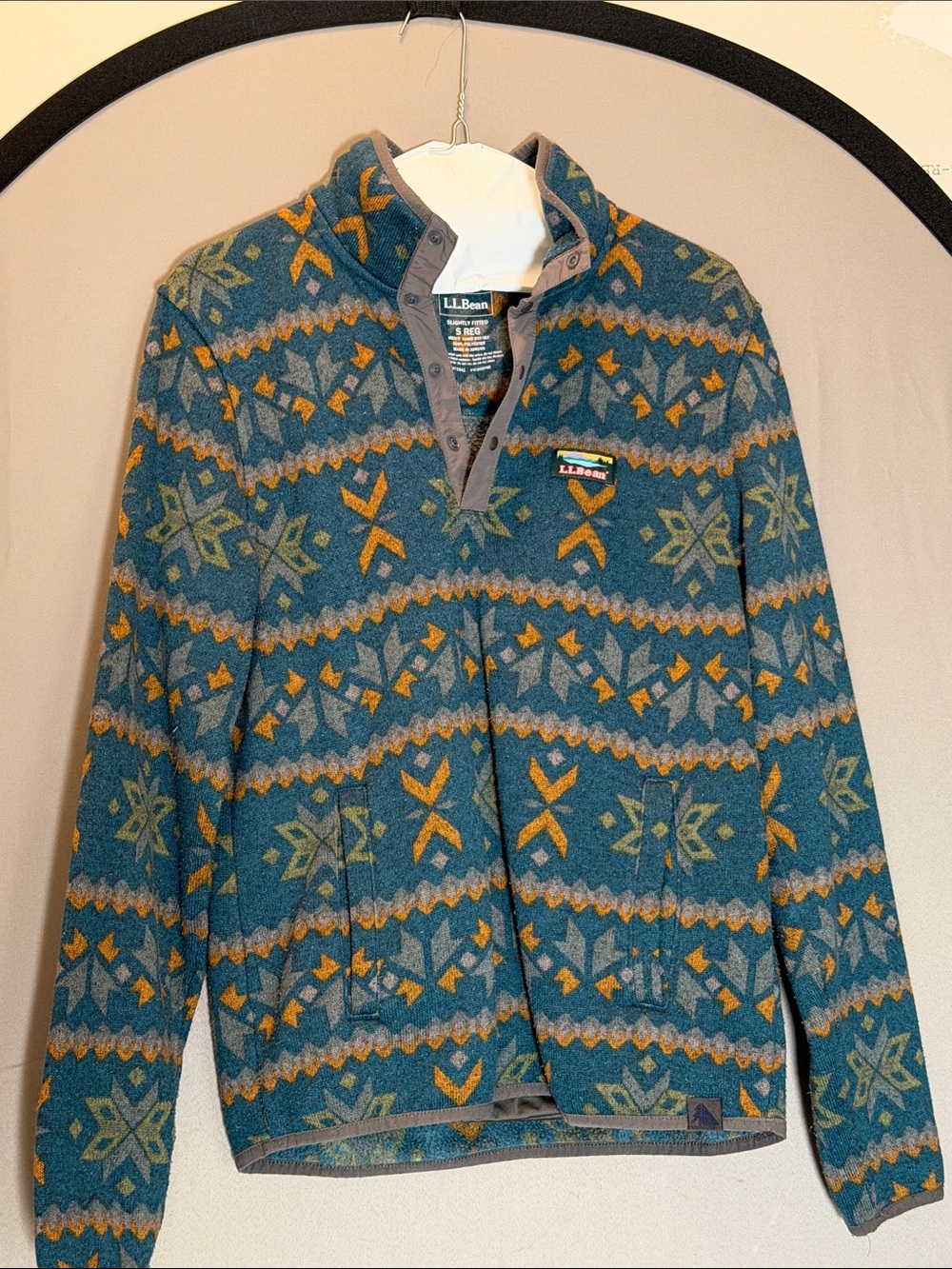L.L. Bean Teal Patterned Fleece with Gold and Gray Accents